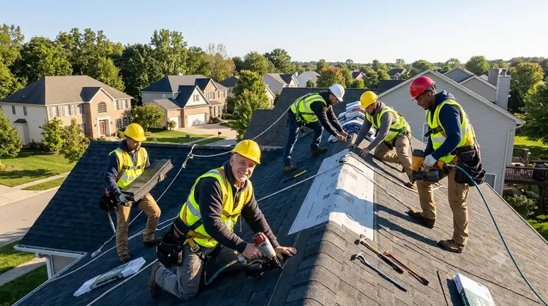 Aegis roofing crew fitting a new roof on a Canterbury home, suburban street behind