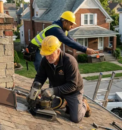 Two Aegis roofers in hard hats and hi-vis working near a chimney, one nailing down roofing on a Canterbury home