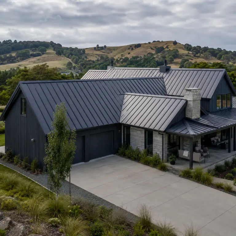 Modern farmhouse with a dark standing-seam steel roof against rolling hills