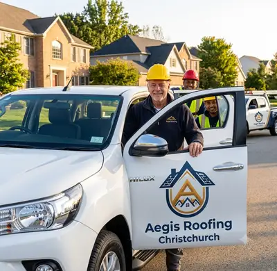 Aegis Roofing crew going over the job sheet on a Christchurch site beside the branded truck