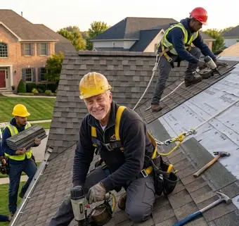 Two Aegis roofers in hard hats going over a job sheet together on site