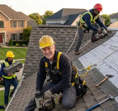 Two roofers in hard hats going over a job sheet together on site
