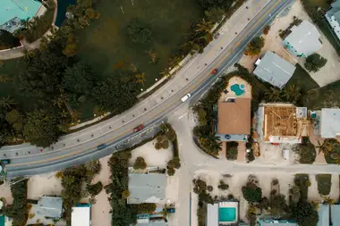Aerial drone view over Canterbury house roofs